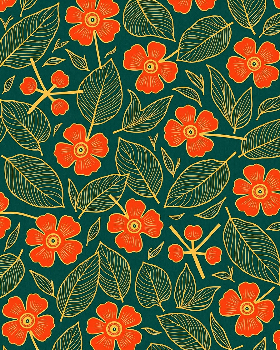 Orange Floral Leaf Pattern Rug