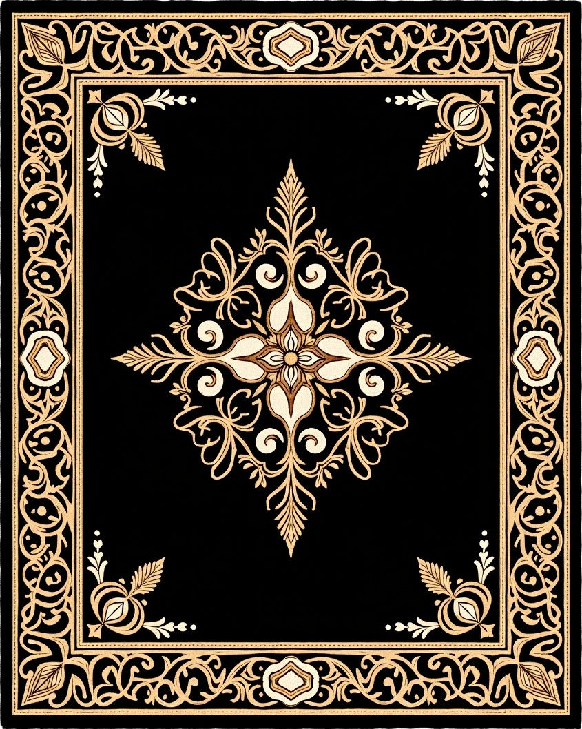 Intricate Black Gold Floral Border Rug