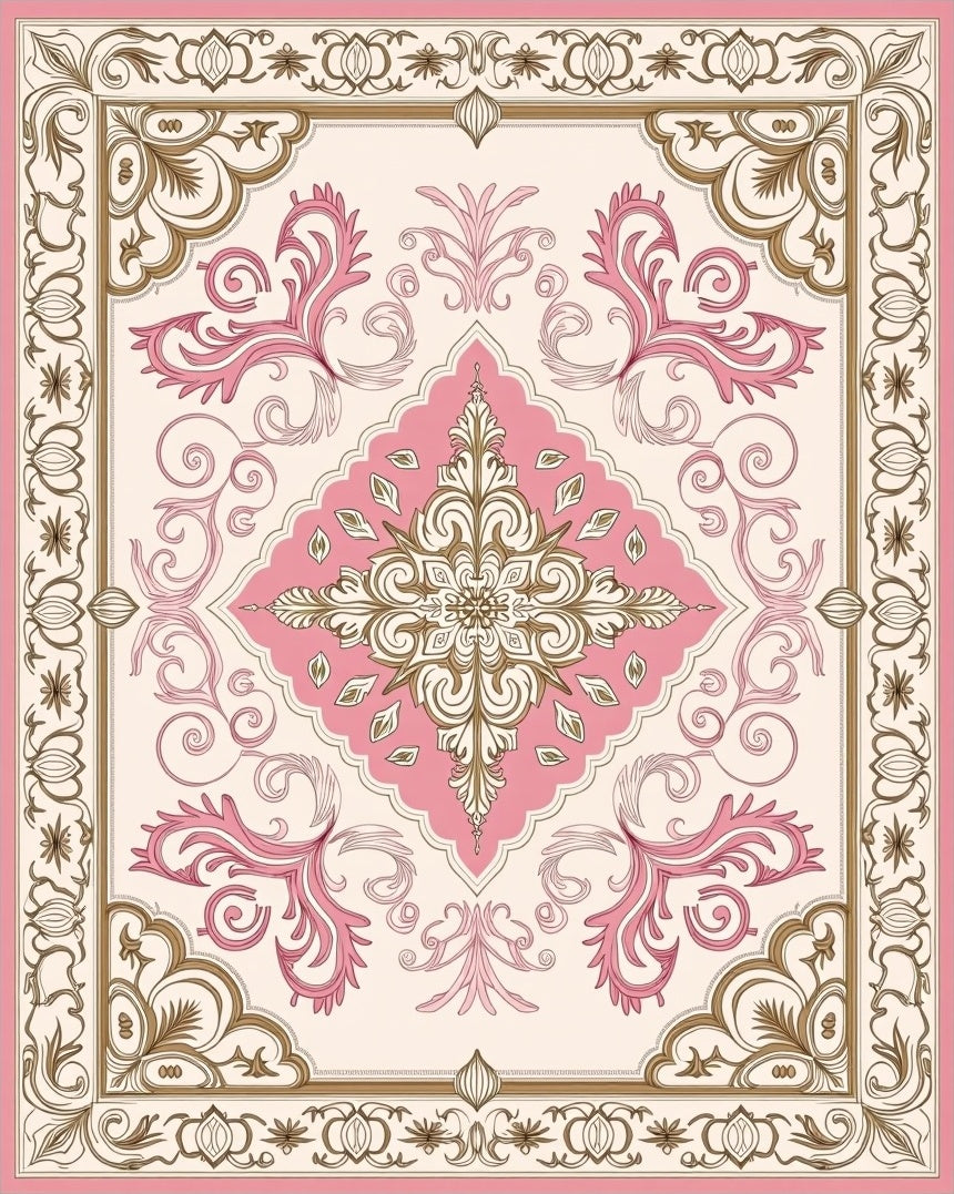 Elegant Pink Gold Filigree Pattern Rug