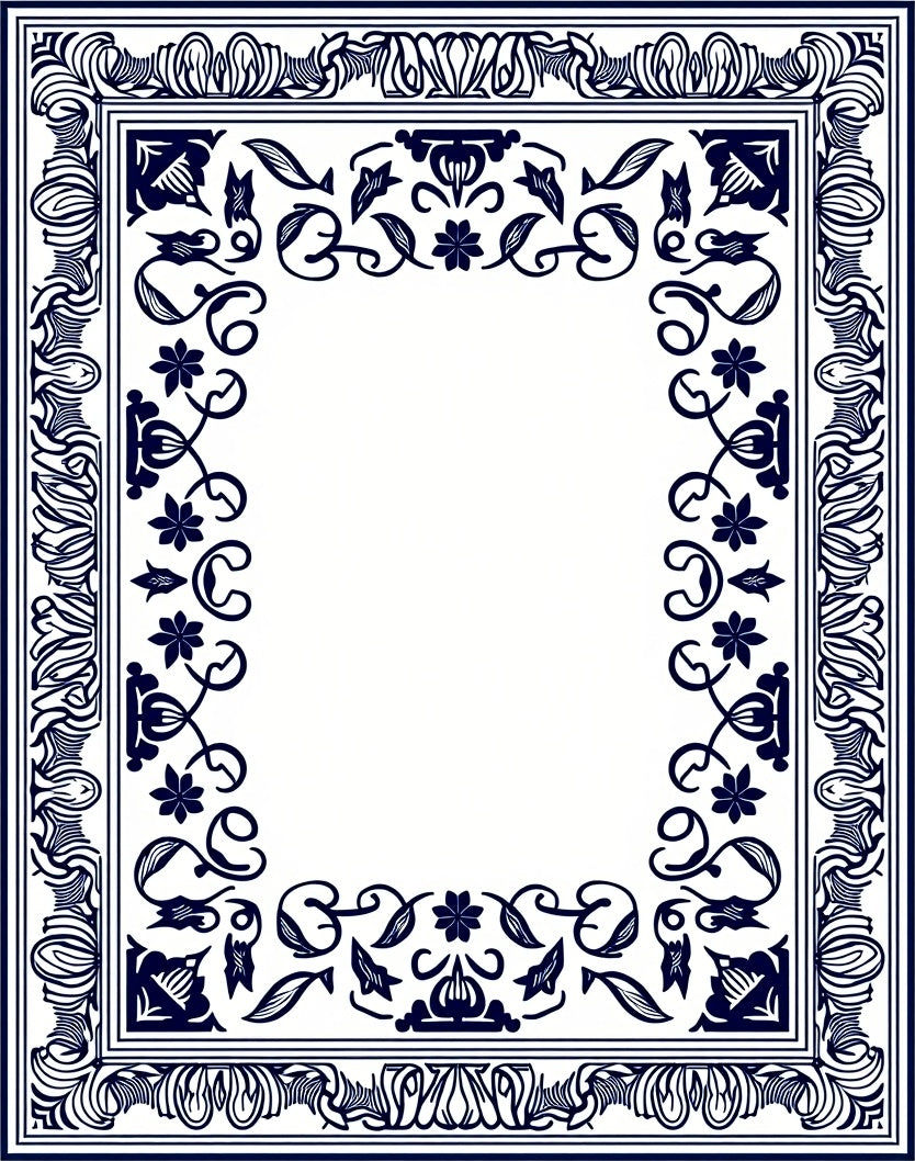 Intricate Indigo Floral Border Design Rug