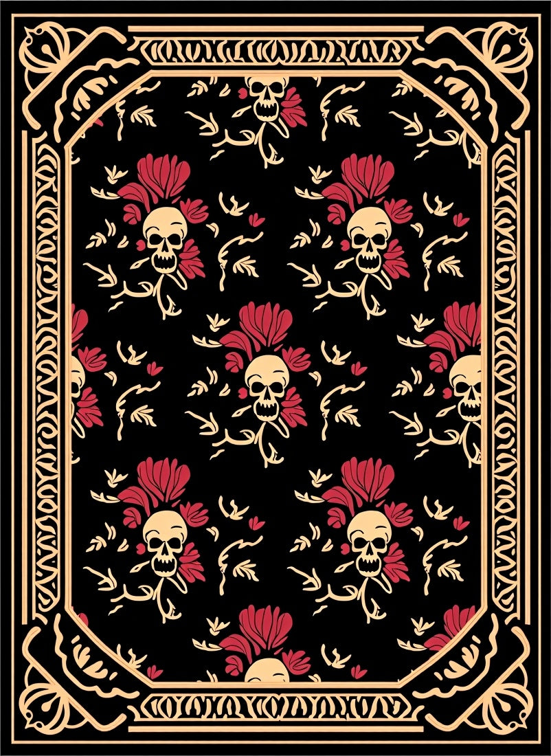 Macabre Skull Floral Patterned Rug