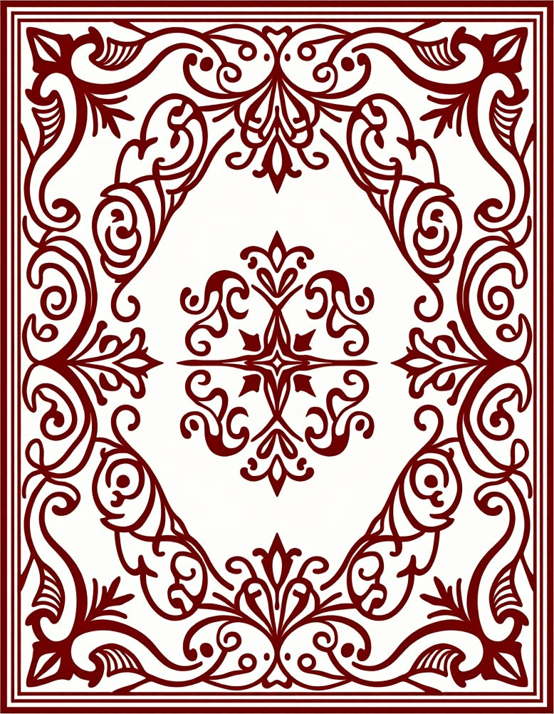 Ornate Red Damask Scrollwork Pattern Rug