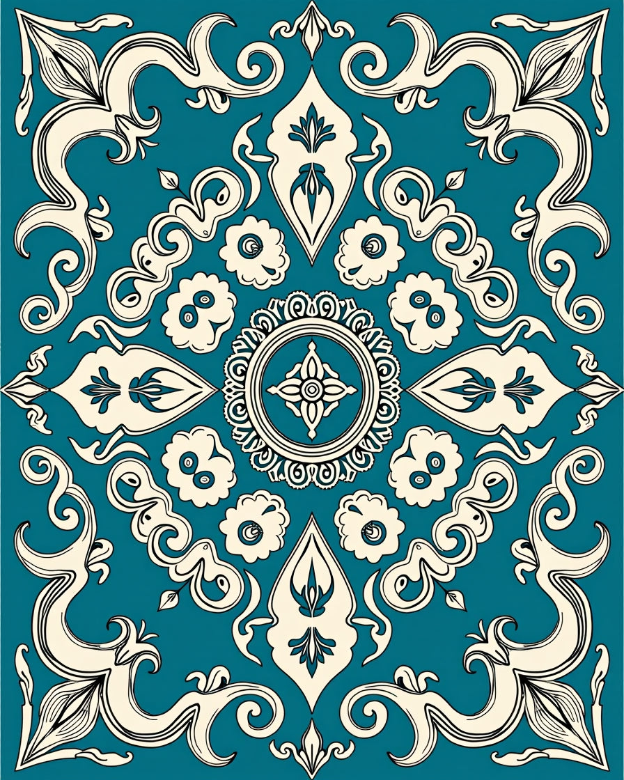Ornate Teal Cream Scrollwork Pattern Rug