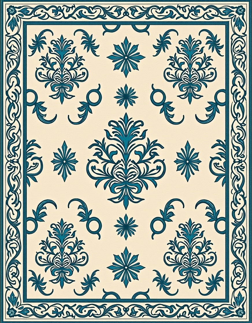 Classic Teal Cream Damask Pattern Rug