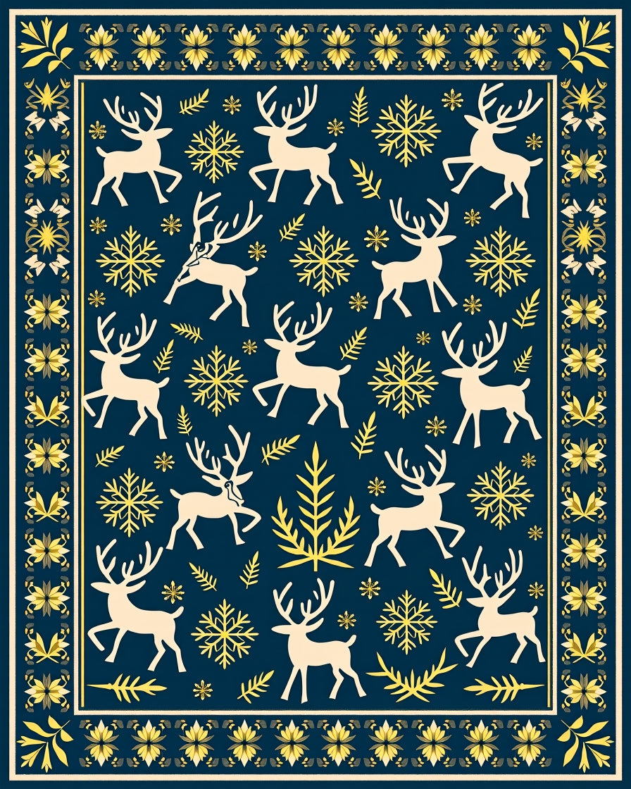 Deep Blue Reindeer Snowflake Border Rug