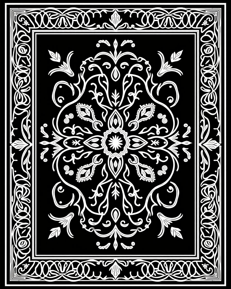 Ornate Black White Mandala Design Rug