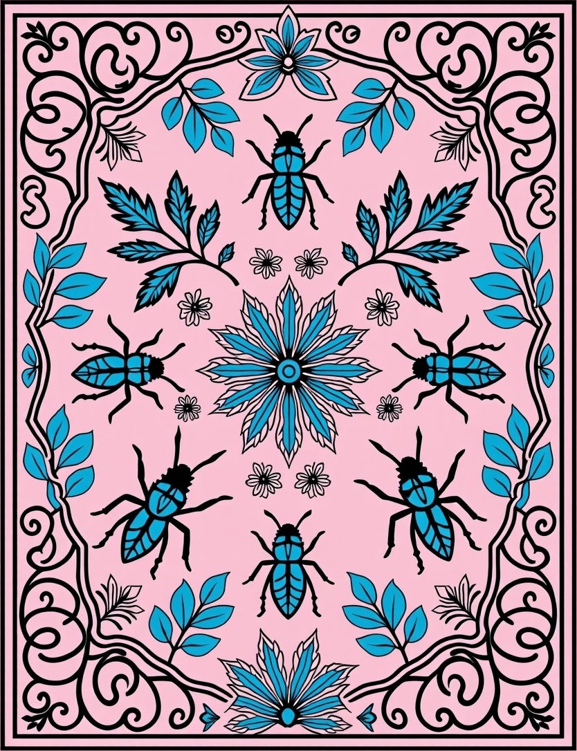 Whimsical Beetle Floral Pattern Rug