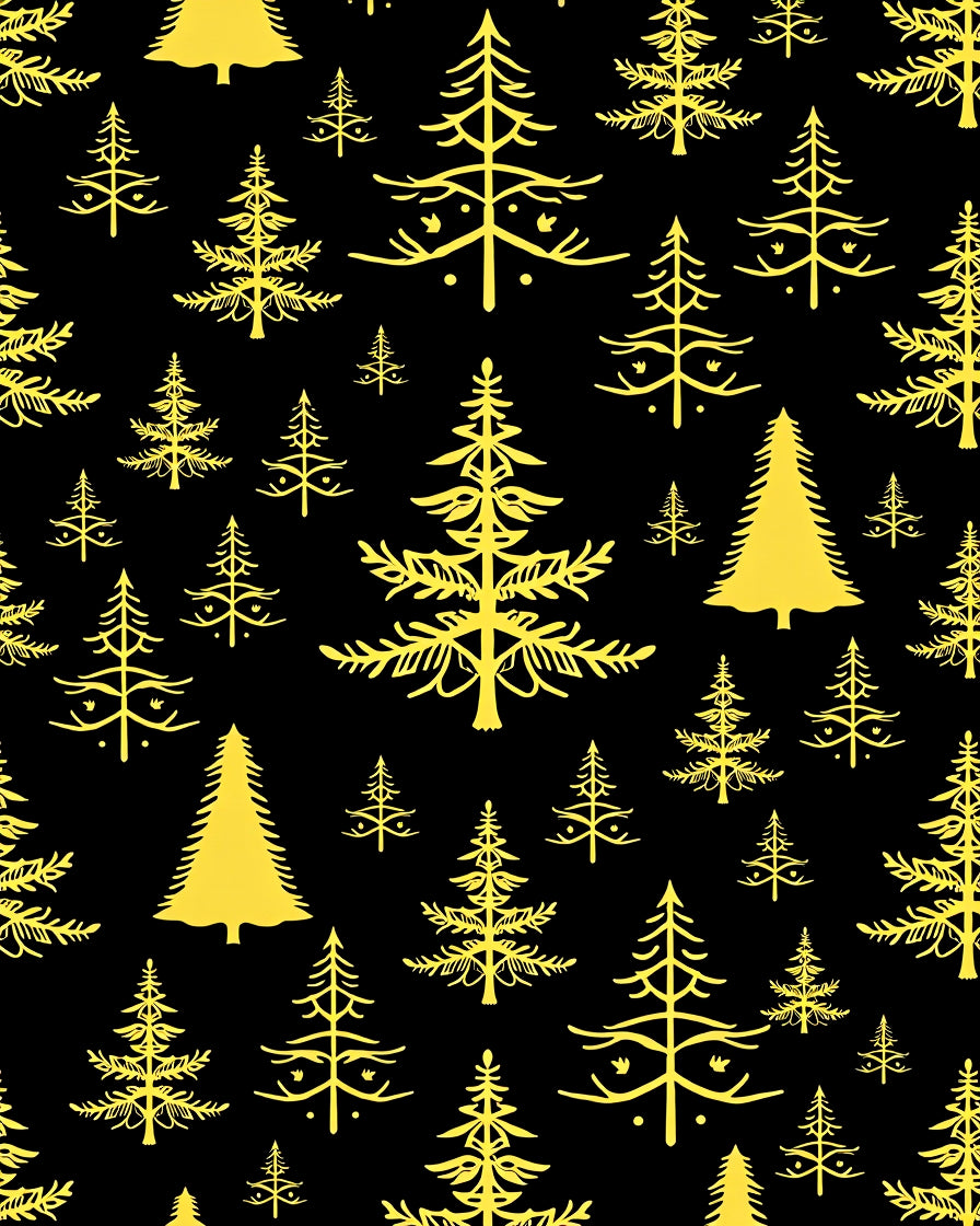 Golden Christmas Trees Scattered Black Rug