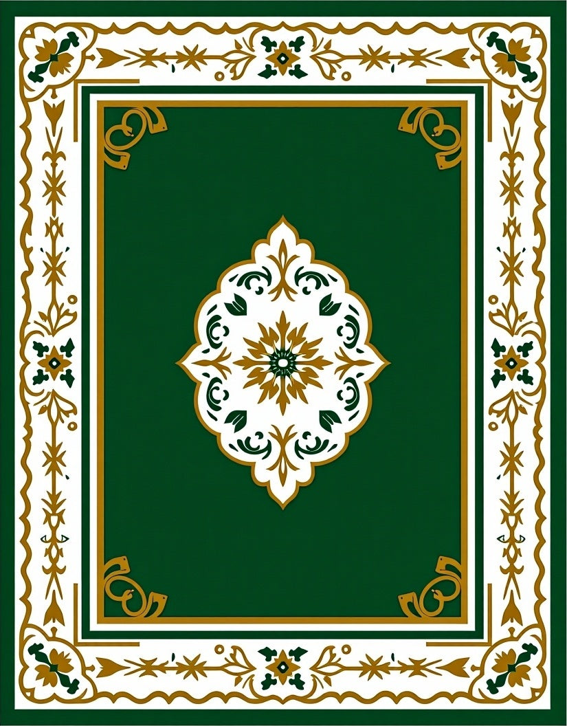 Ornate Green Gold Floral Scroll Design Rug