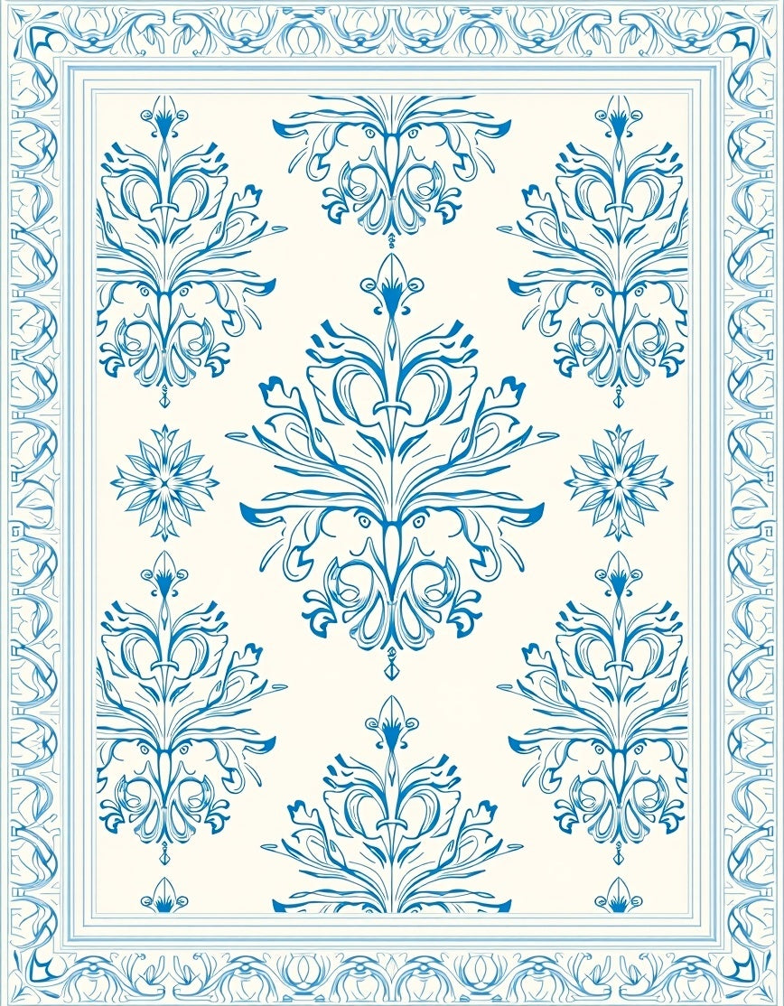Classic Floral Damask Blue Pattern Rug