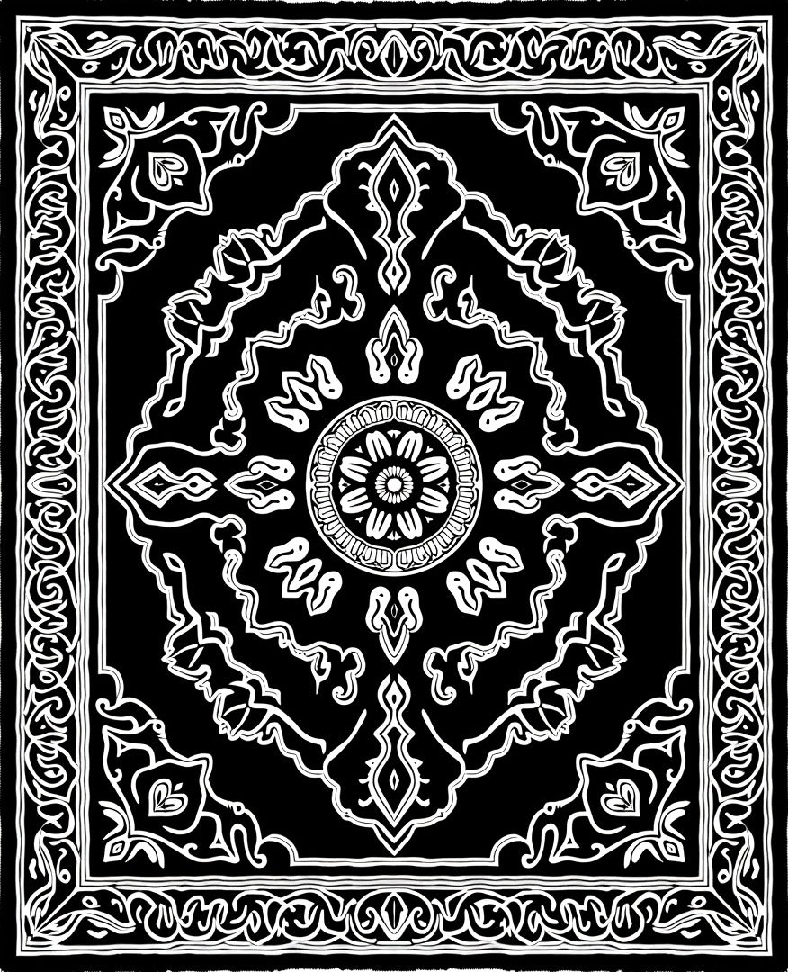 Intricate Black and White Floral Medallion Rug