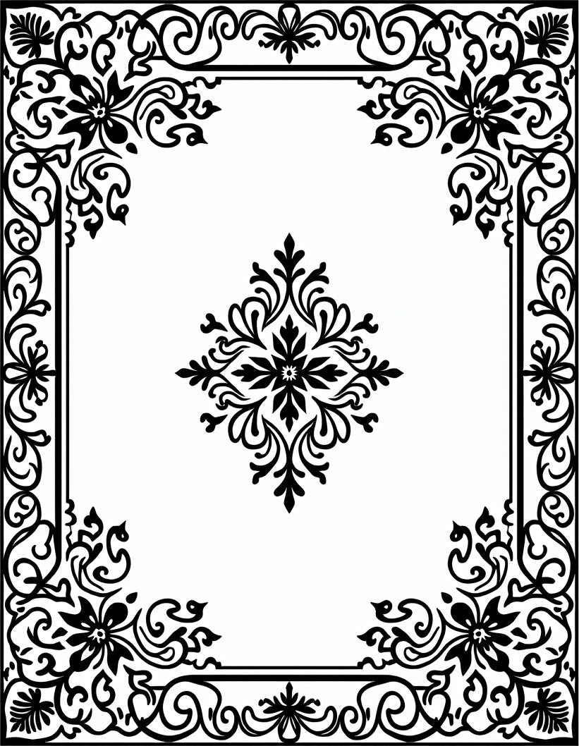 Ornate Black Floral Border Design Rug