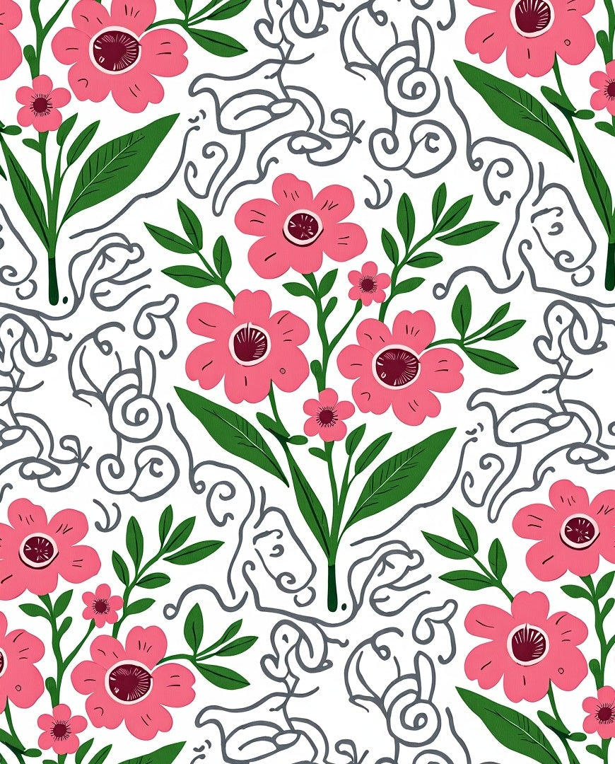 Pink Flowers with Charcoal Swirls Rug
