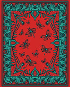 Red Teal Flying Insect Floral Border Rug