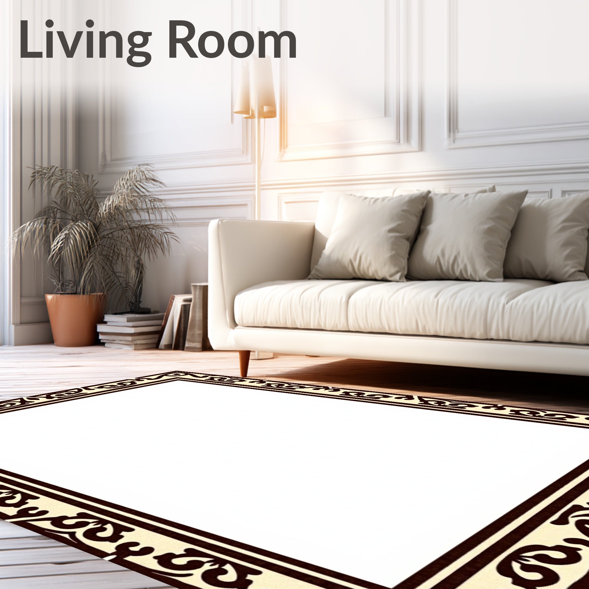 Elaborate Dark Brown Floral Border Design Rug