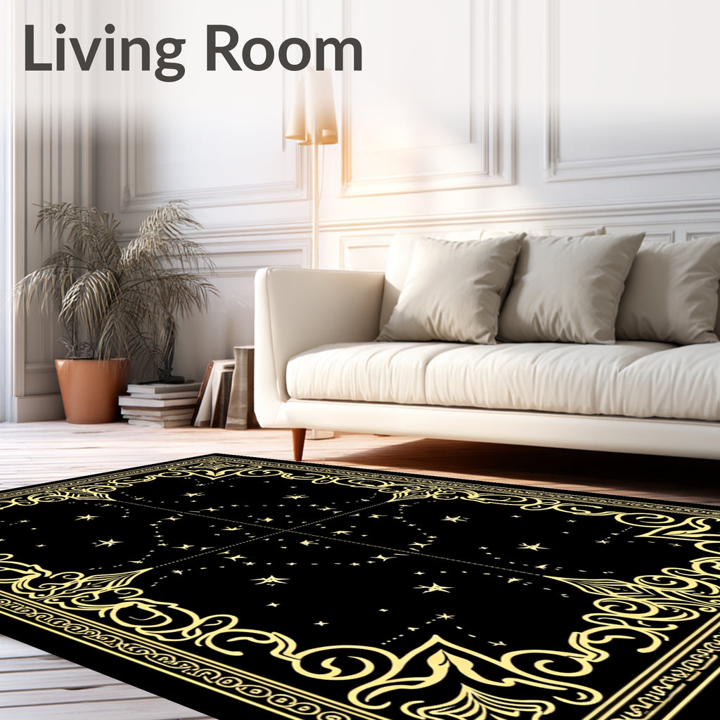 Vintage Black Gold Celestial Border Rug