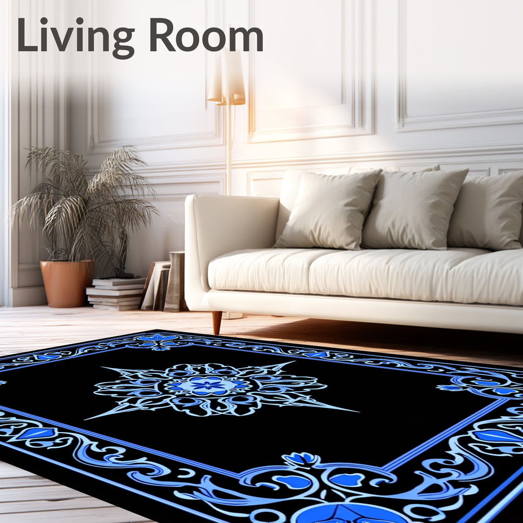 Intricate Blue Floral Medallion Frame Design Rug