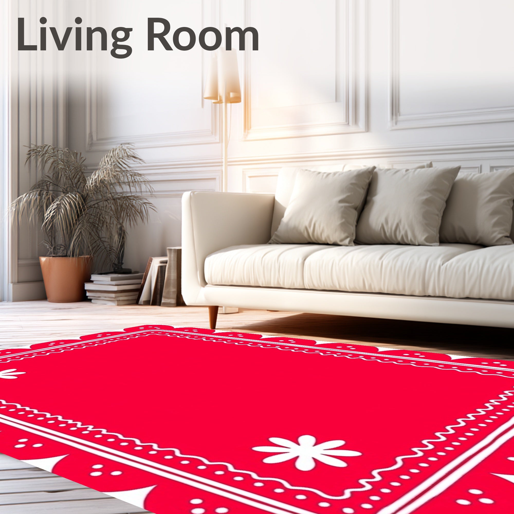 Red Scalloped Floral Border Rug