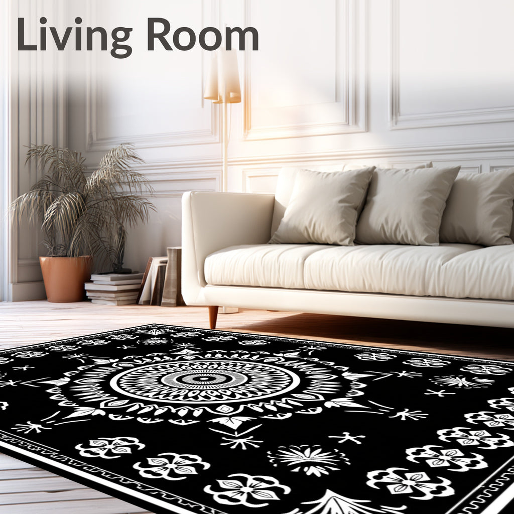 Black White Mandala Floral Pattern Rug