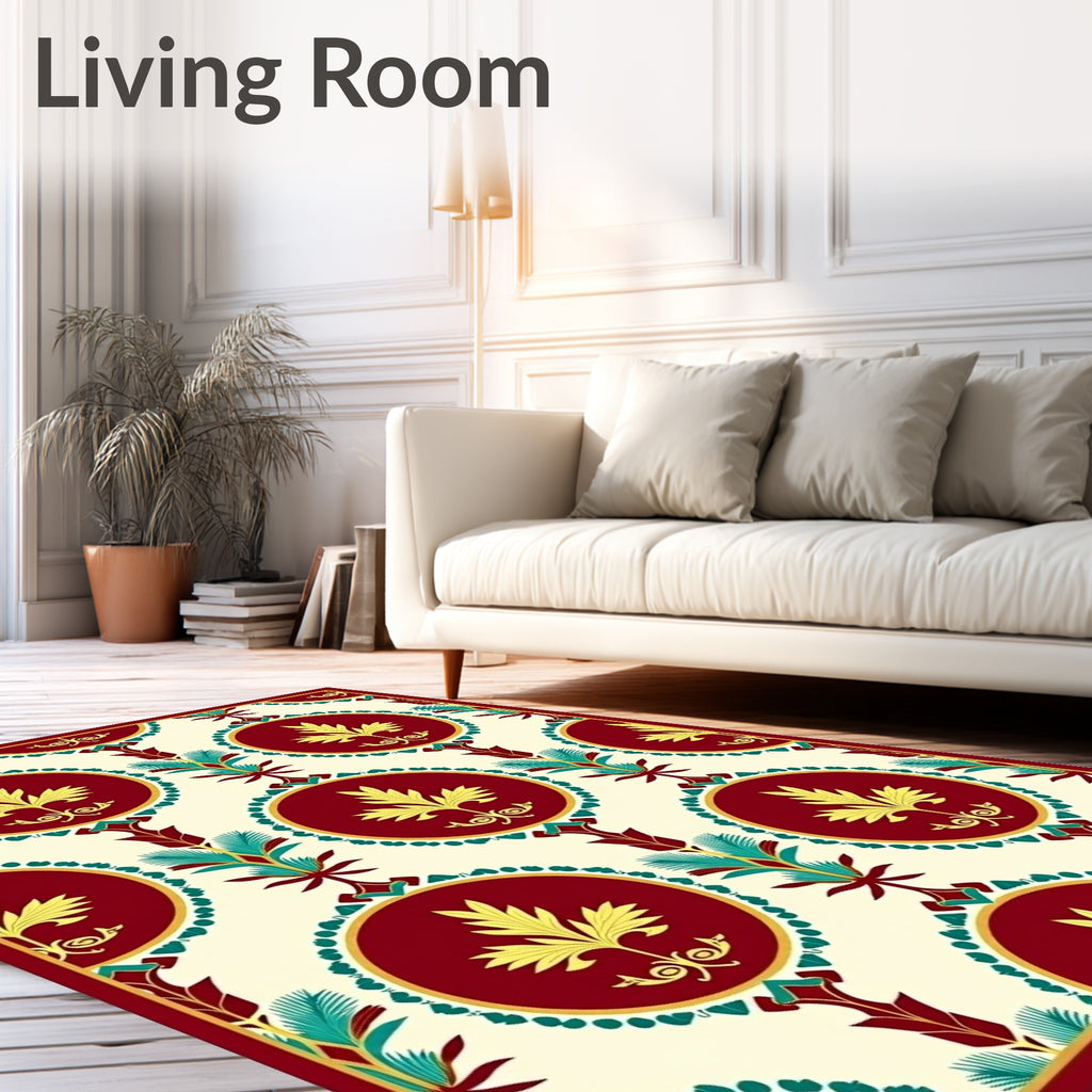 Rich Burgundy Yellow Teal Medallion Pattern Rug