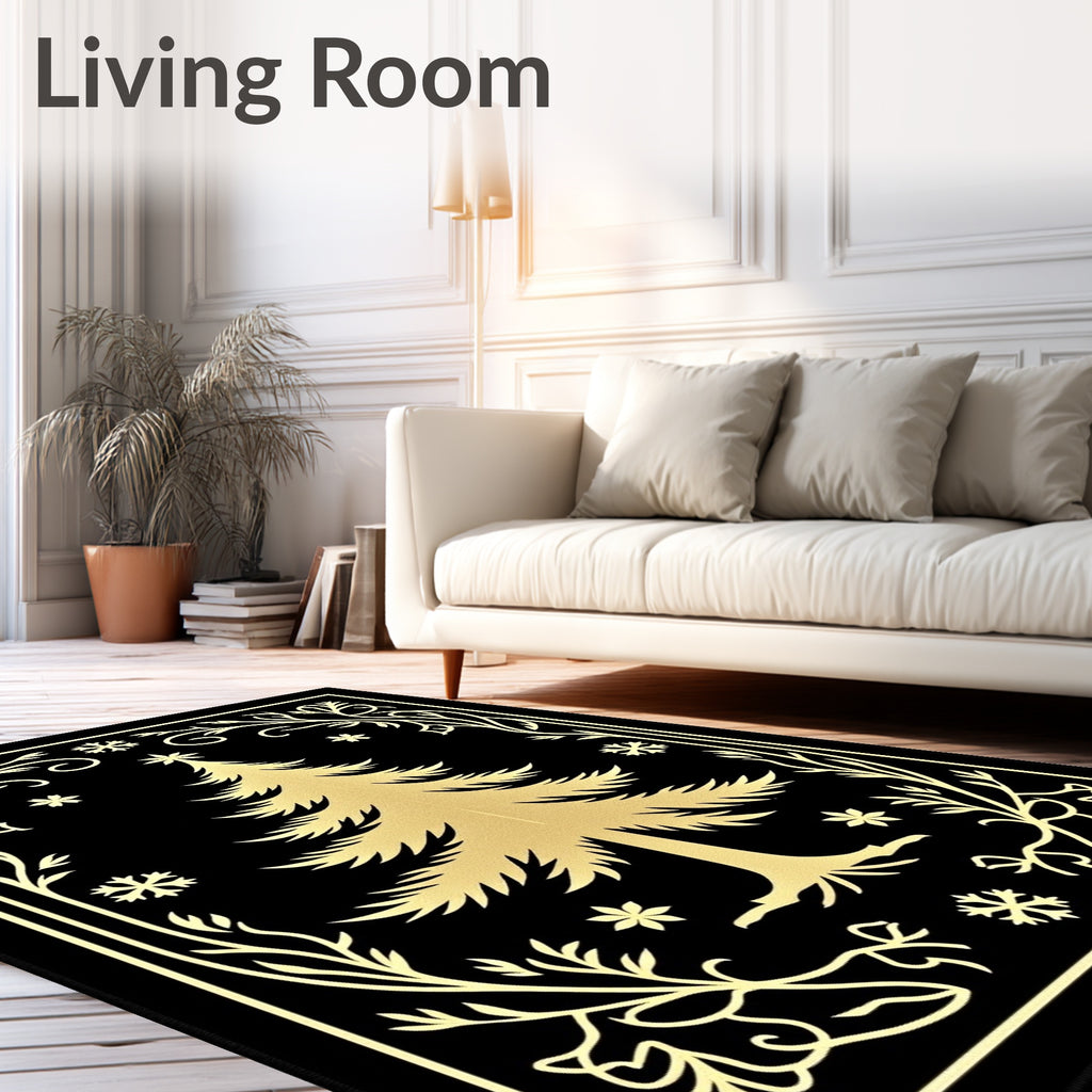 Black Gold Christmas Tree Snowflakes Border Rug