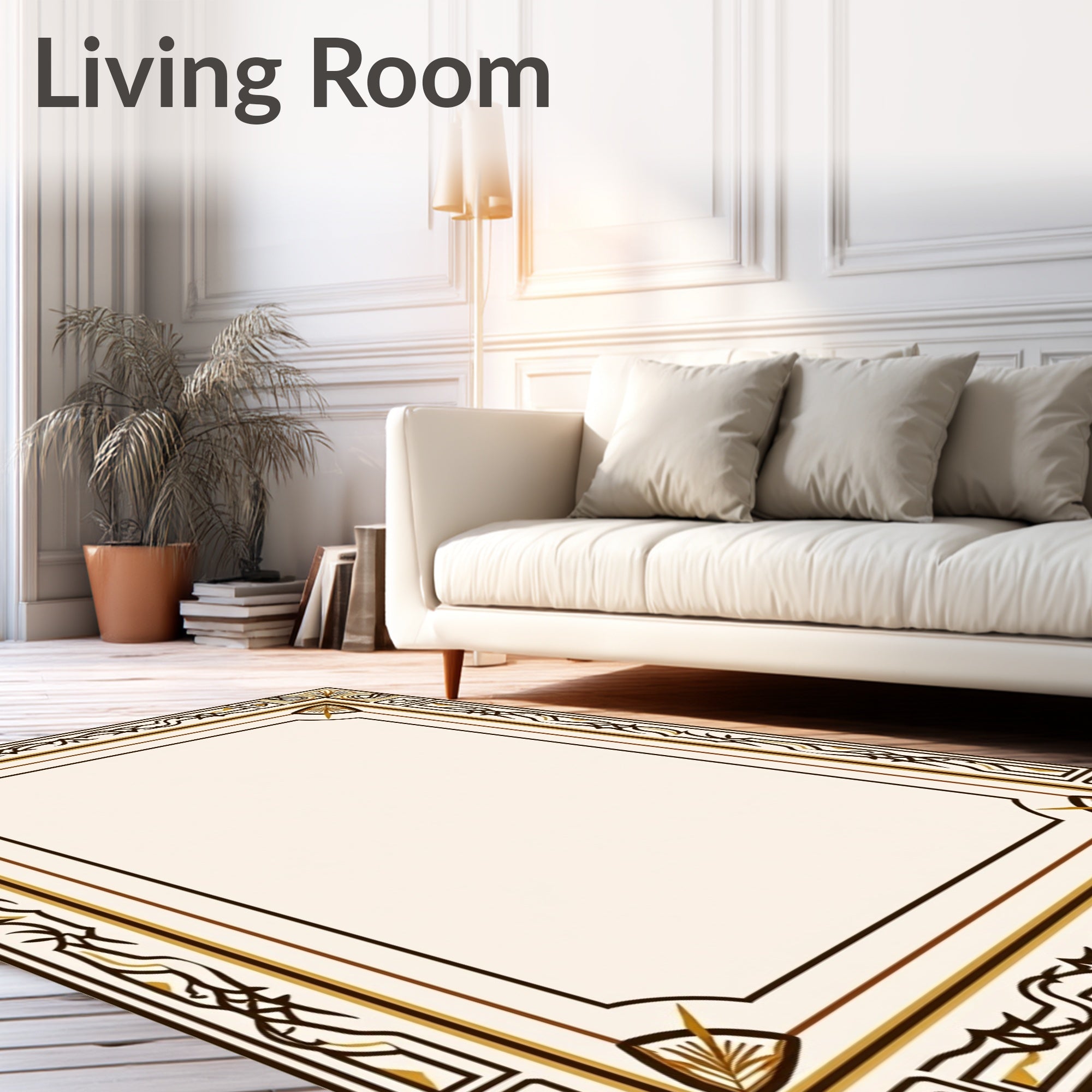 Elegant Cream Bordered Floral Pattern Rug