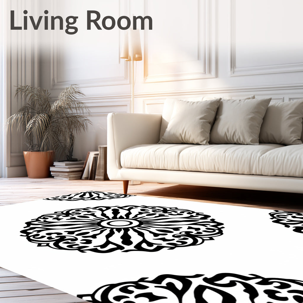 Black White Circular Ornate Pattern Rug