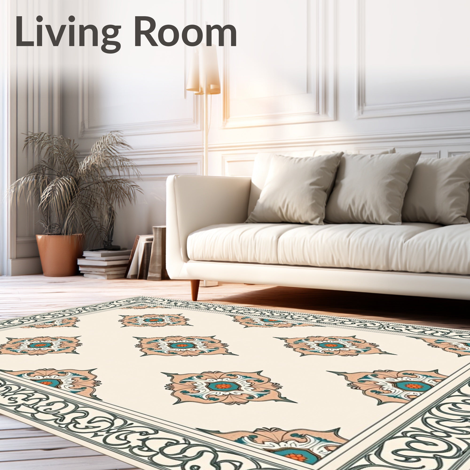 Scroll Border Floral Medallion Pattern Rug