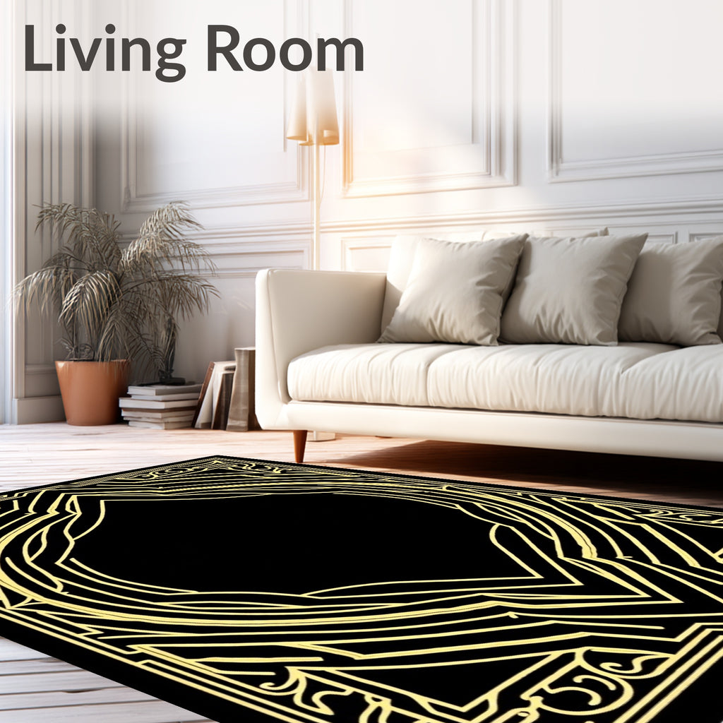 Elegant Black Gold Geometric Pattern Rug