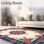 Ornate Floral Border Indigo Design Rug