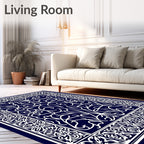Intricate White Swirl Floral Border Design Rug