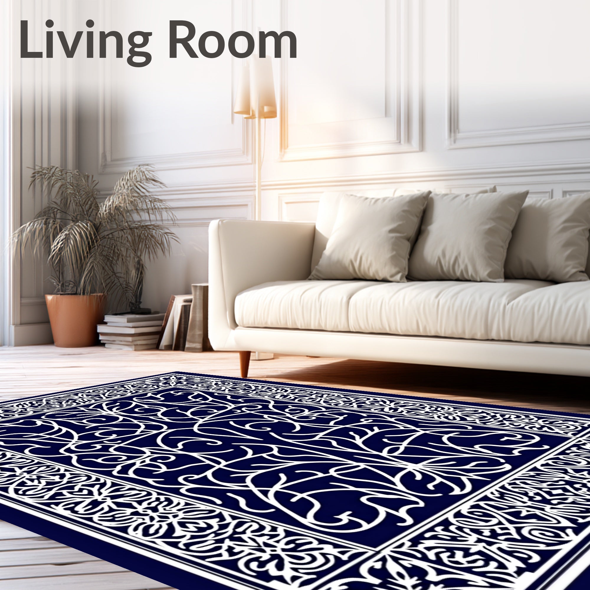 Intricate White Swirl Floral Border Design Rug
