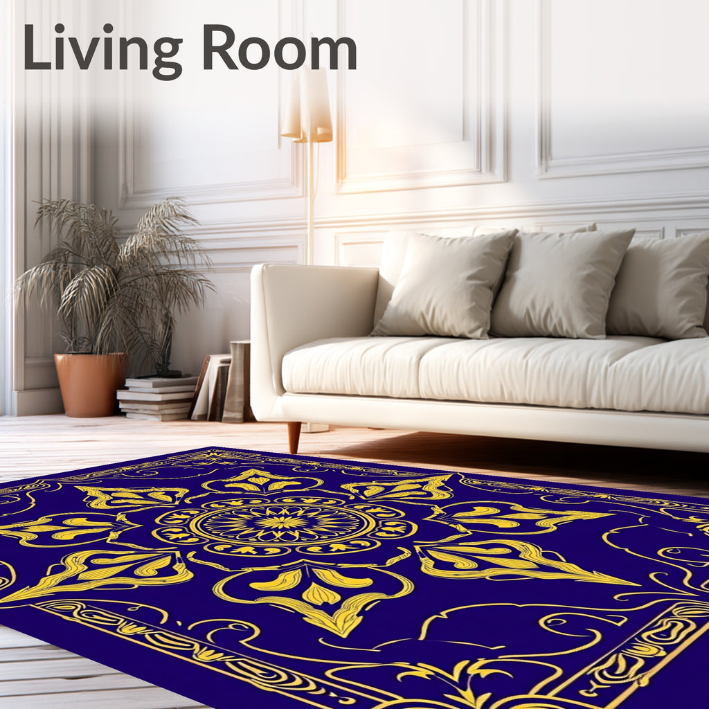 Ornate Blue Yellow Floral Mandala Rug