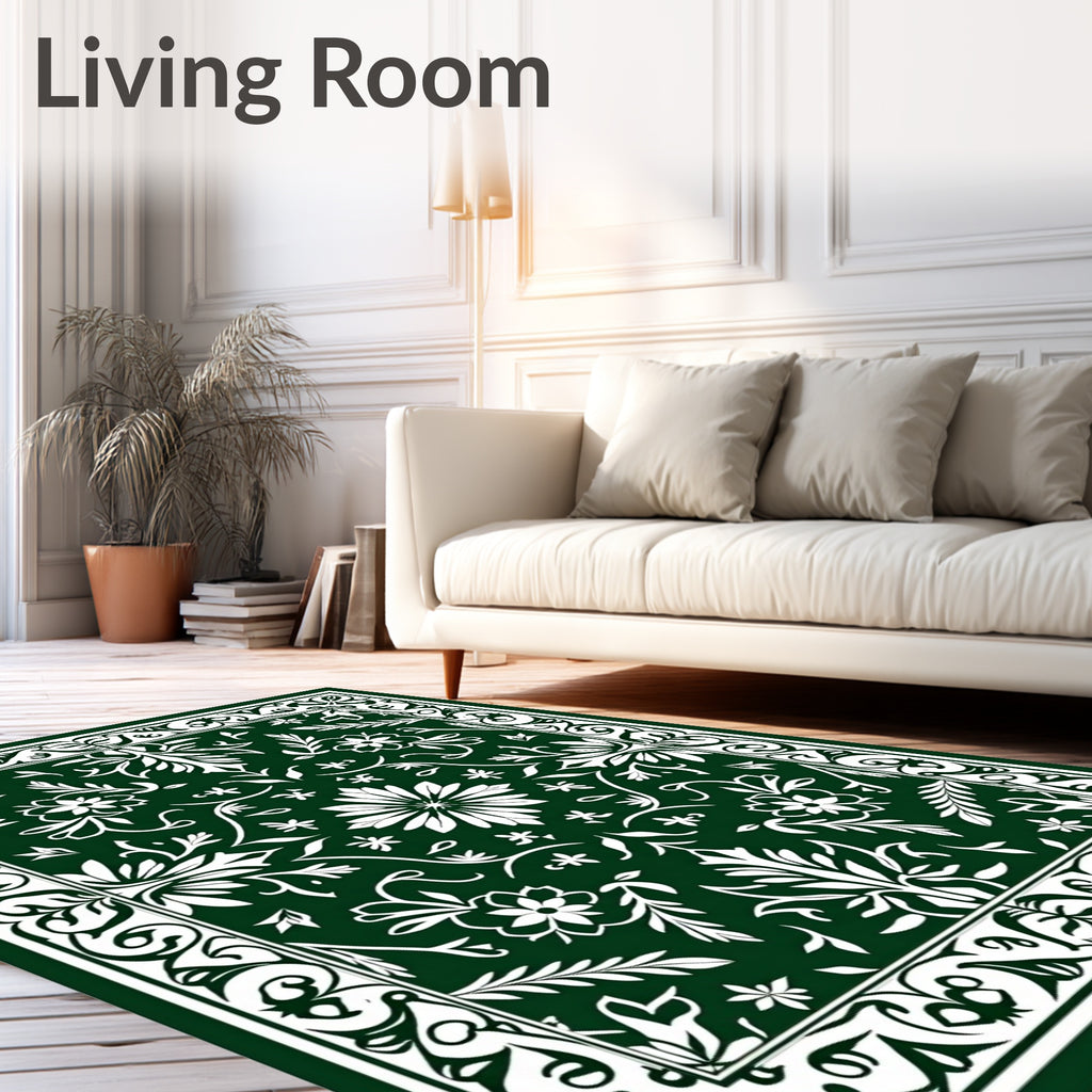 Ornate Floral Patterned Green Rug