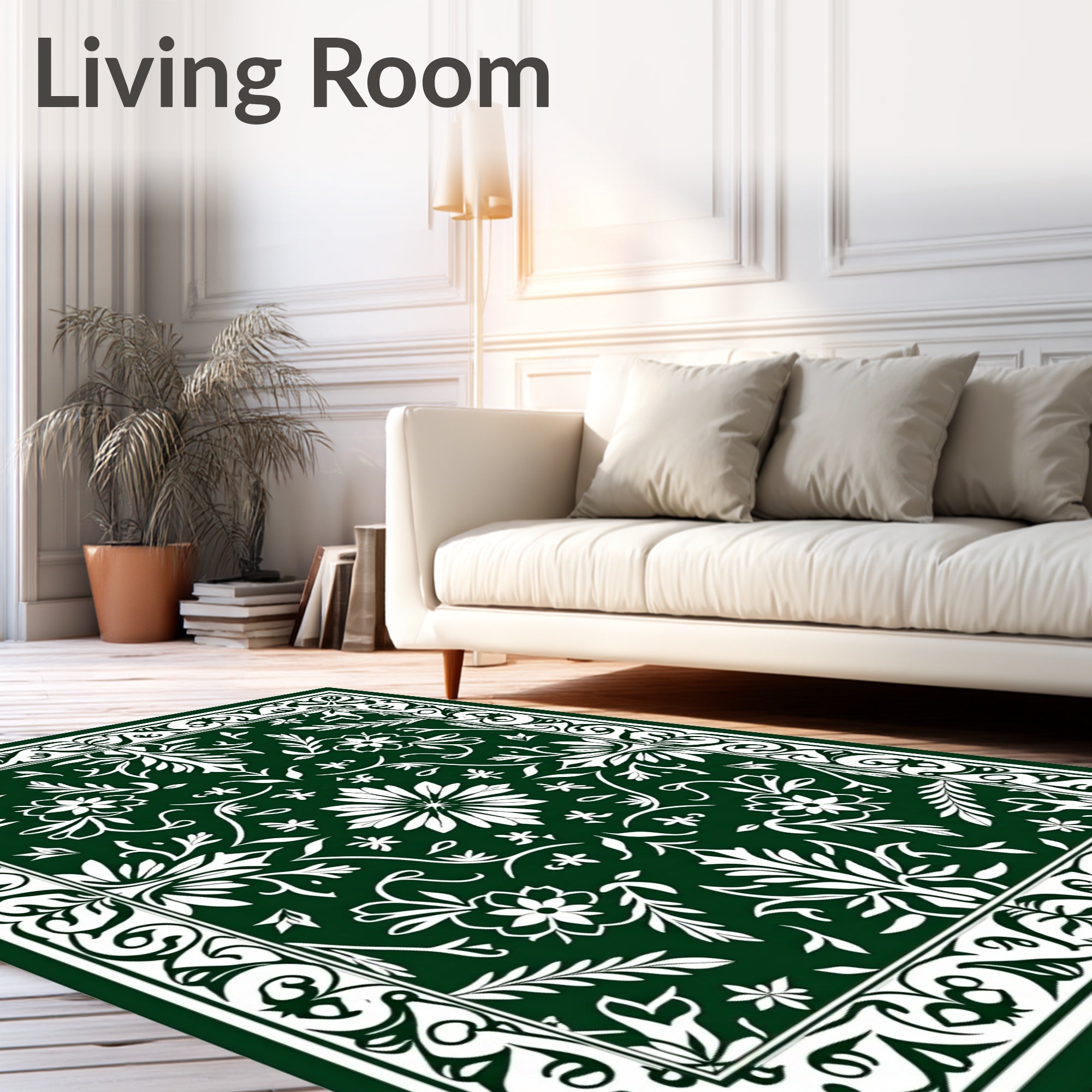 Ornate Floral Patterned Green Rug