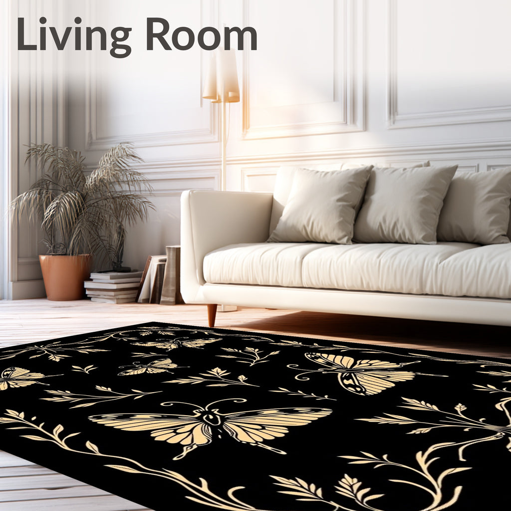 Golden Butterflies and Floral Vines Design Rug