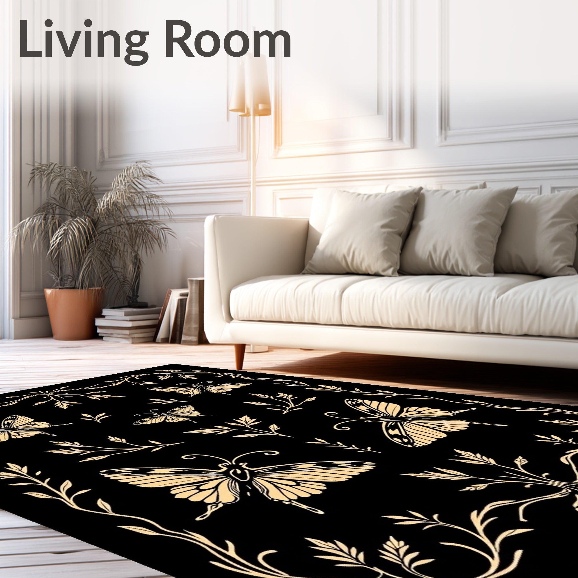 Golden Butterflies and Floral Vines Design Rug