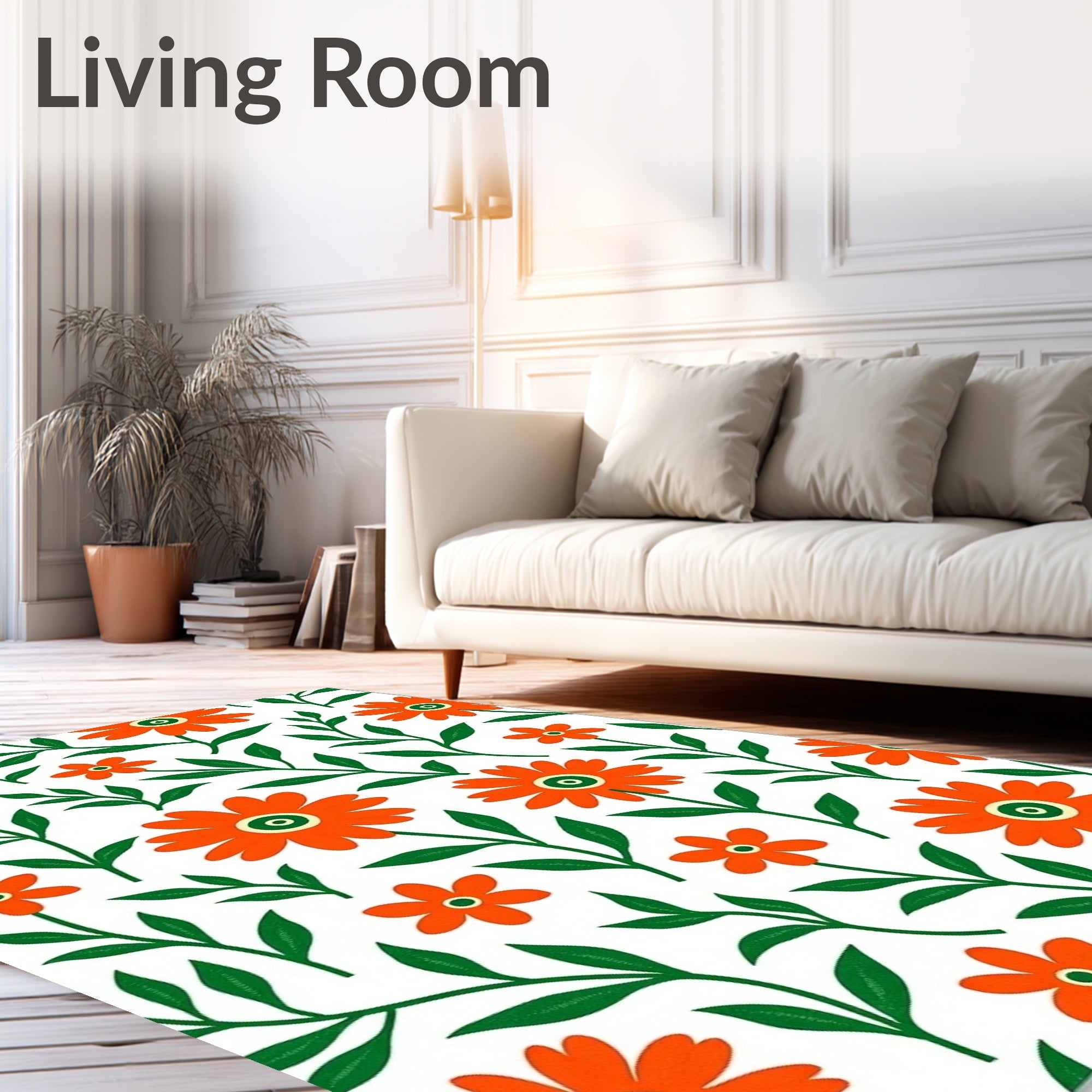 Bright Orange Floral Pattern Rug