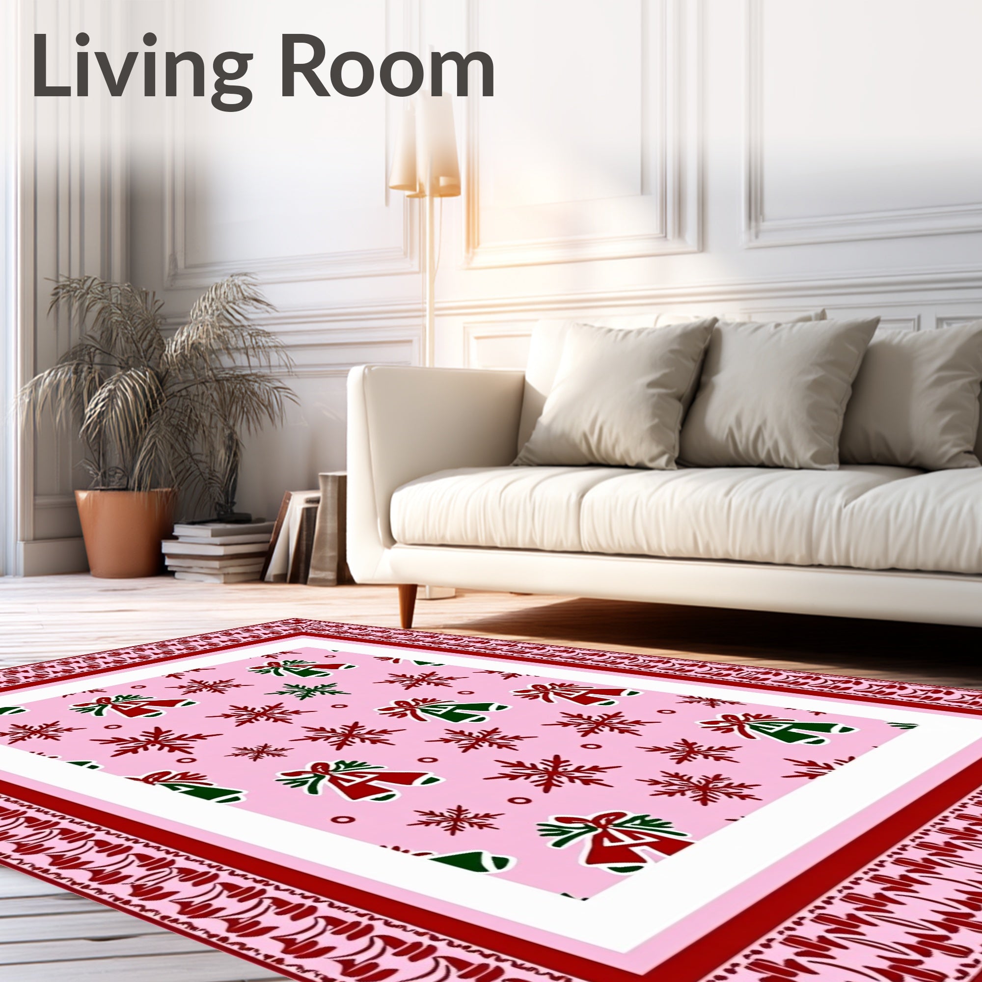 Pink Snowflakes and Bells Border Rug