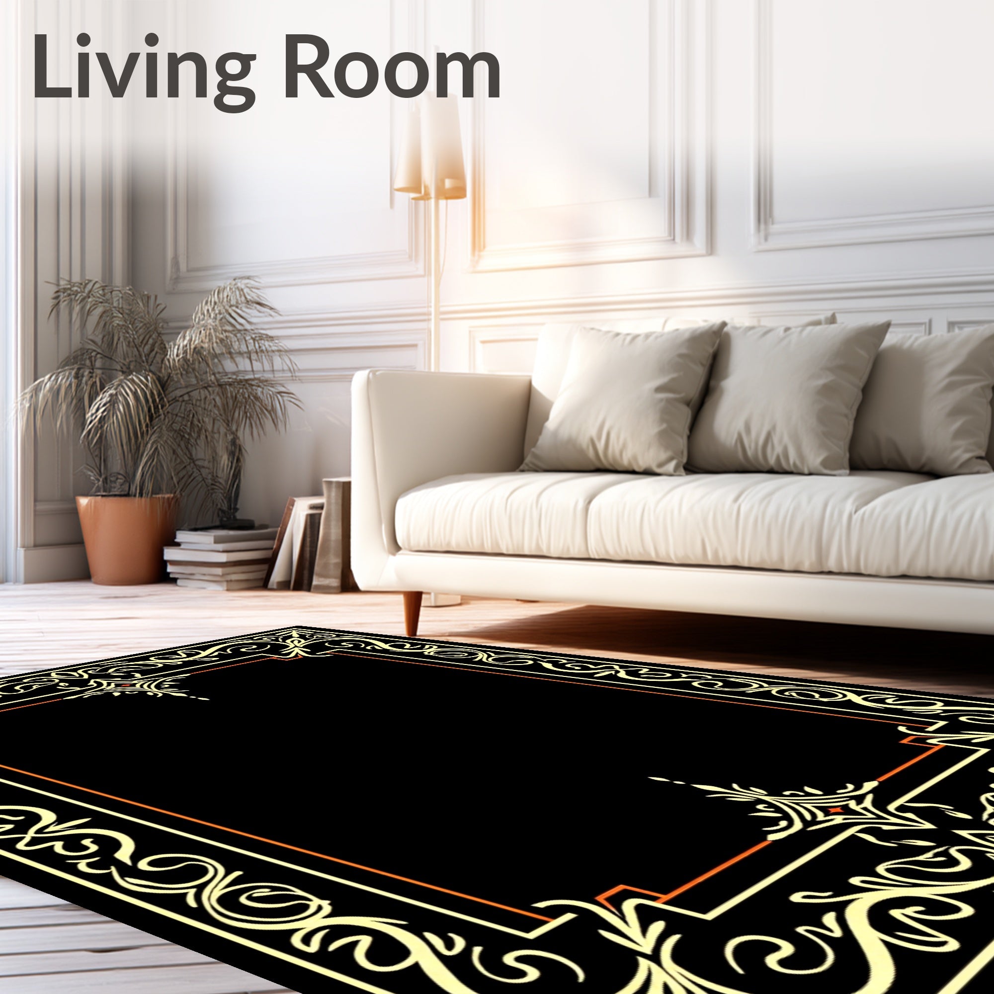 Ornate Cream and Orange Scrollwork Border Rug
