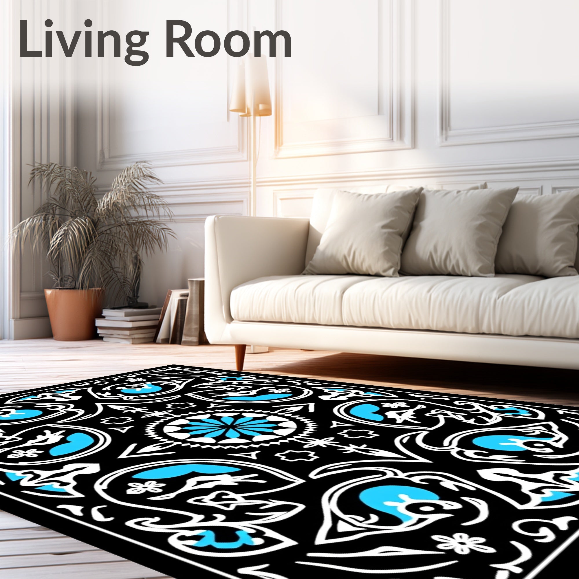 Intricate Teal White Floral Pattern Rug