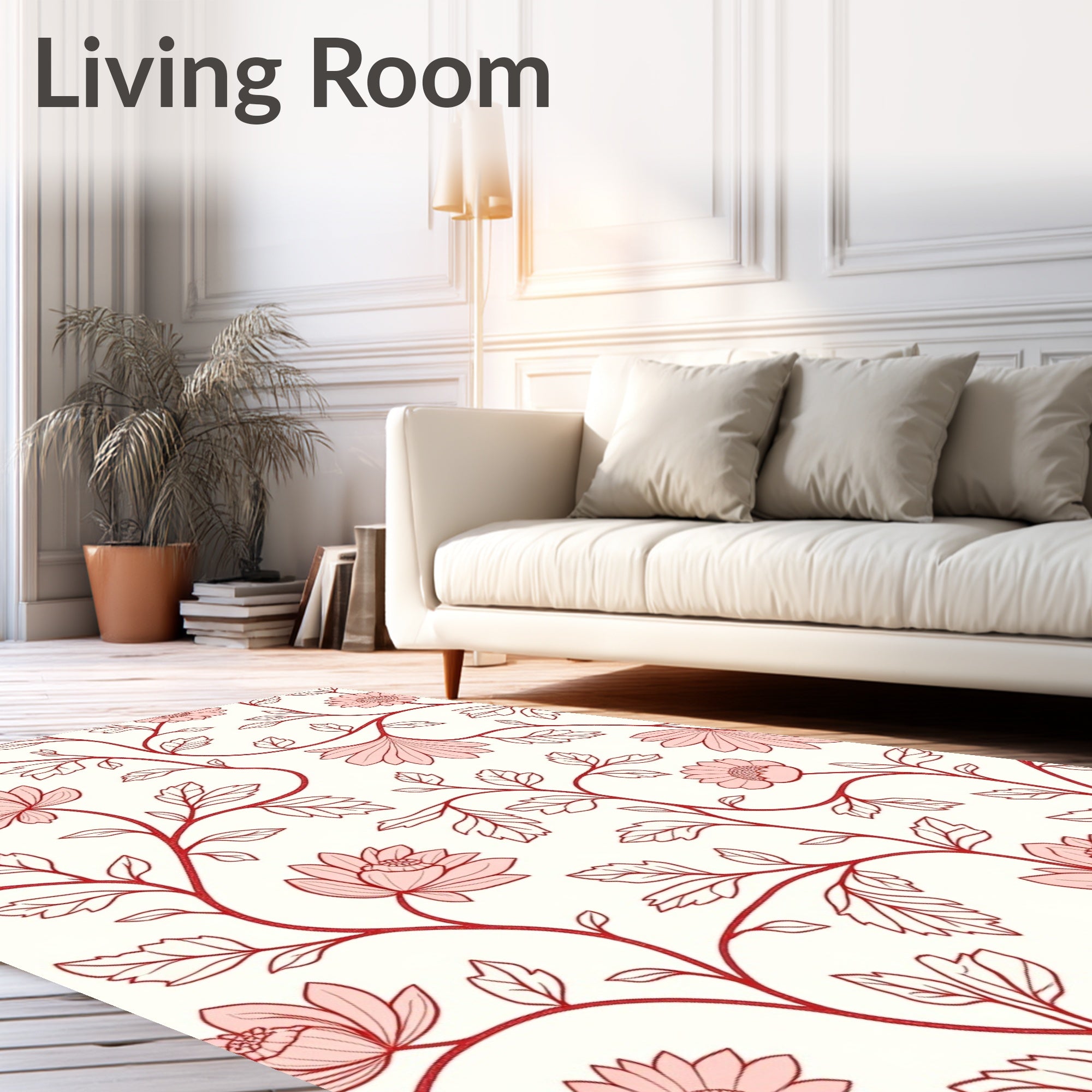 Floral Vine Patterned Red and Ivory Rug