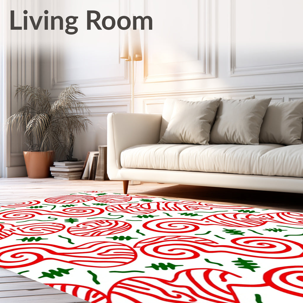 Red White Swirls And Green Sprigs Rug