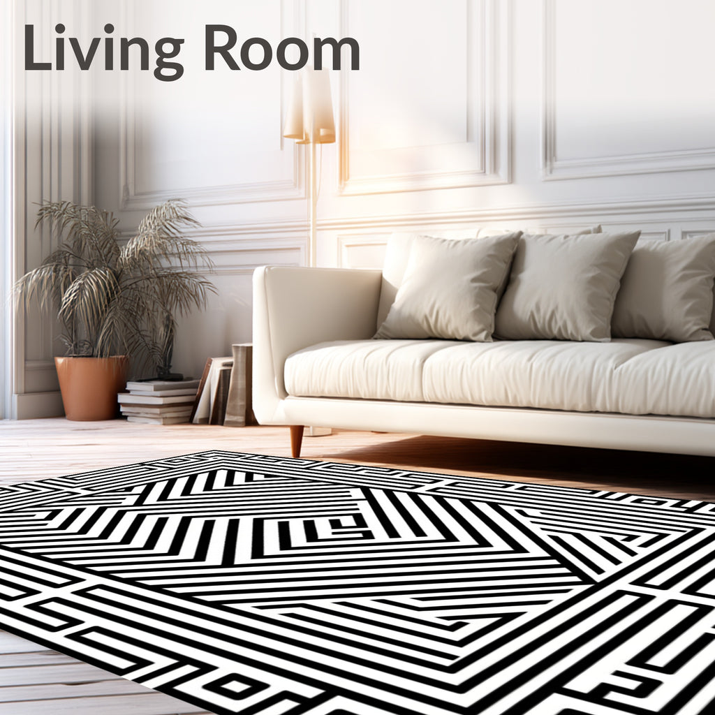 Abstract Maze Pattern Black White Rug