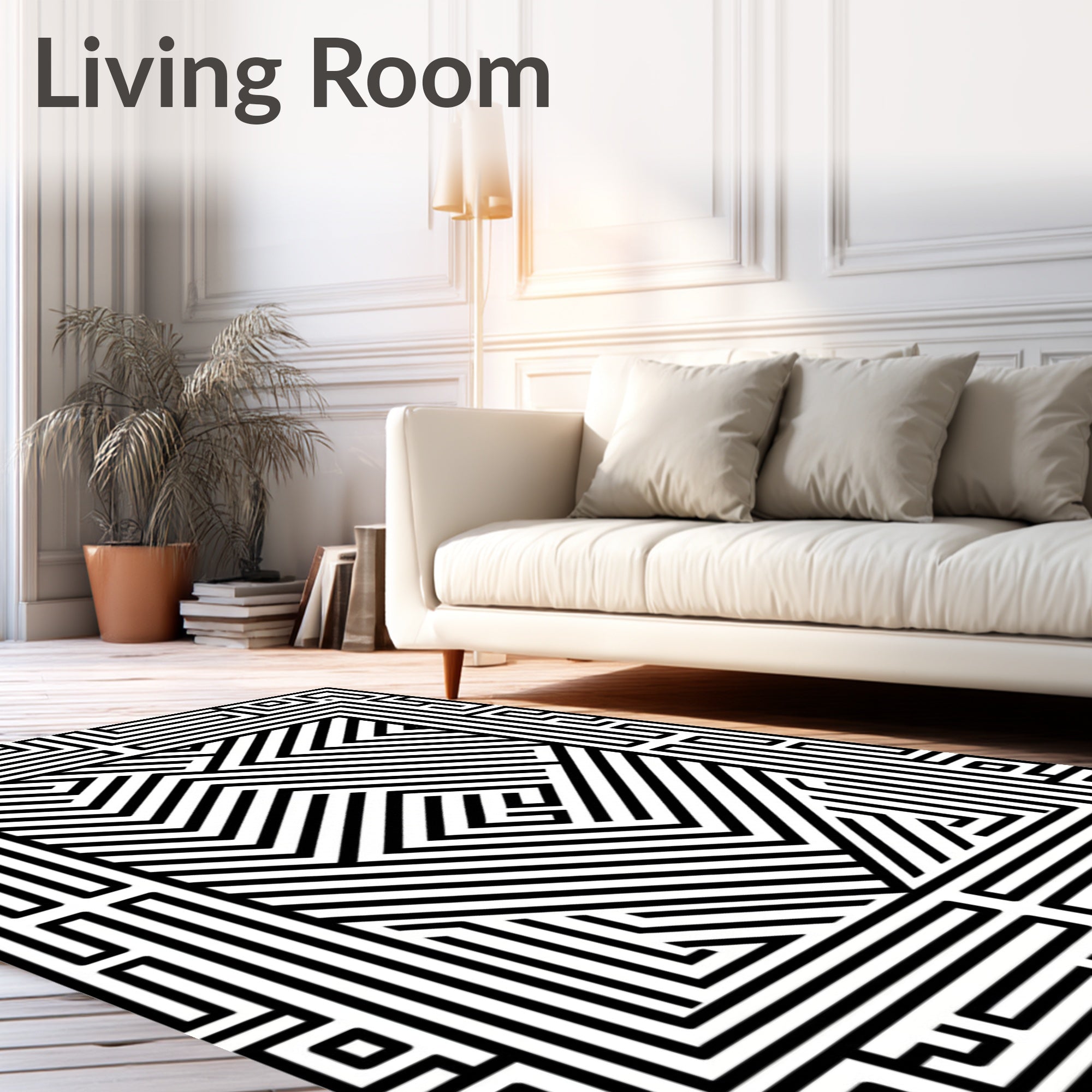 Abstract Maze Pattern Black White Rug