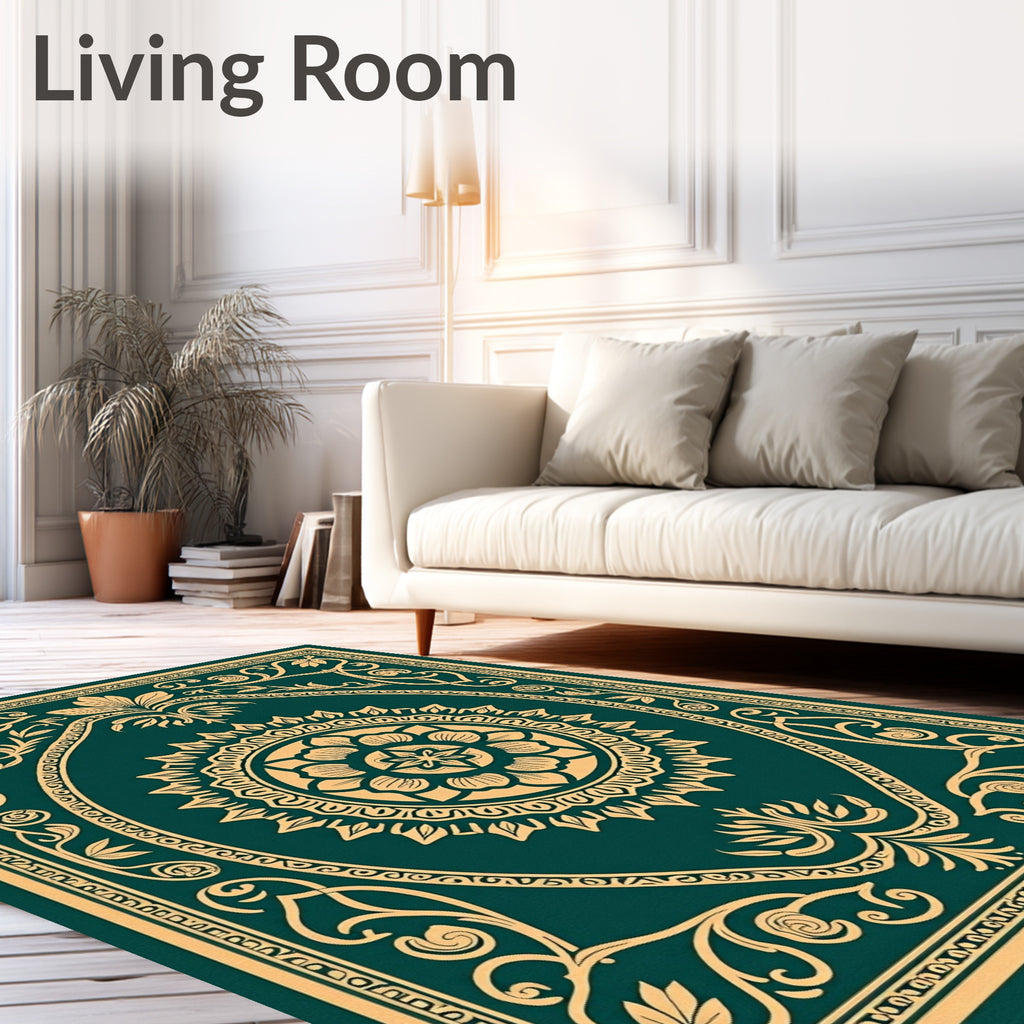 Emerald Green Gold Floral Medallion Rug