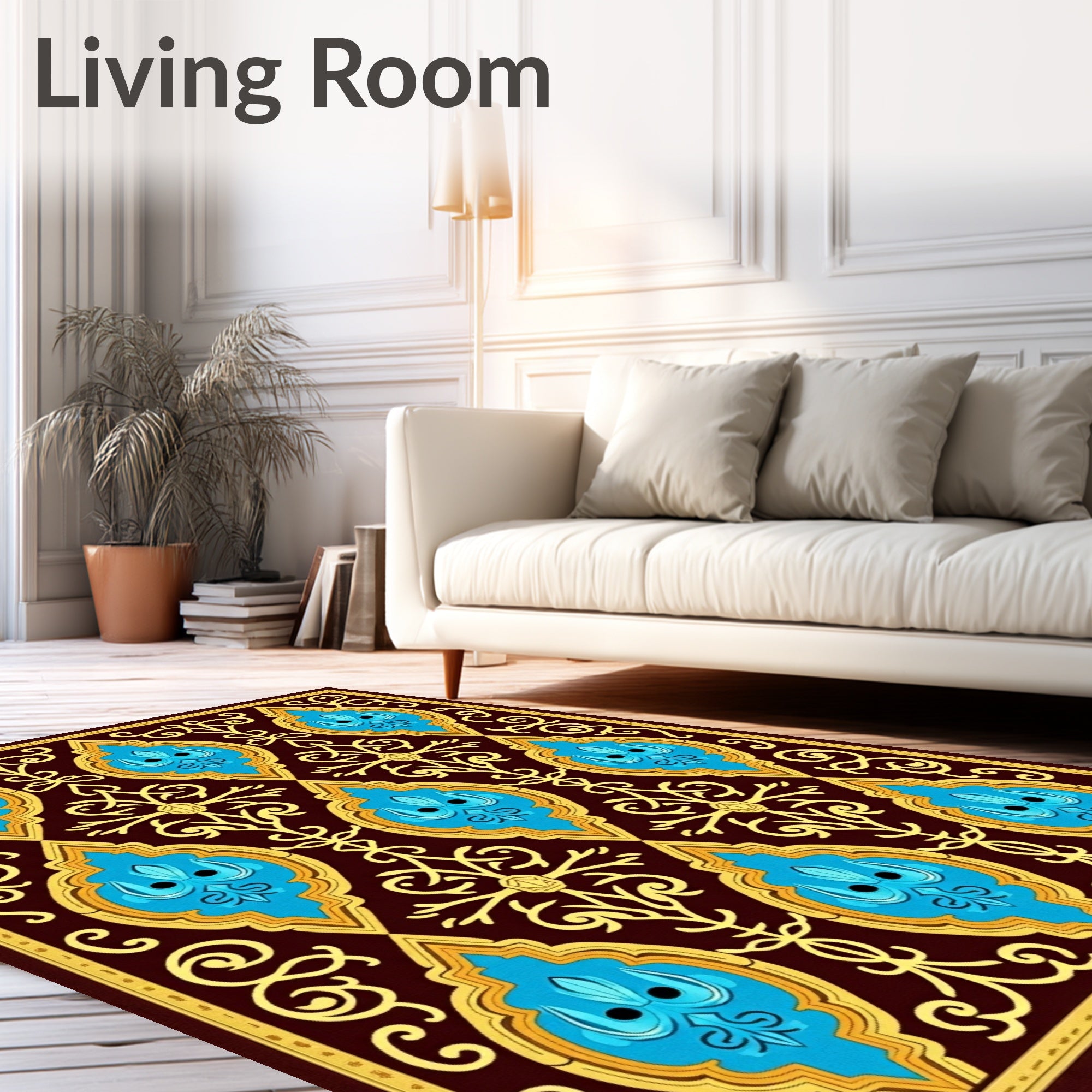Vintage Blue Yellow Floral Pattern Rug