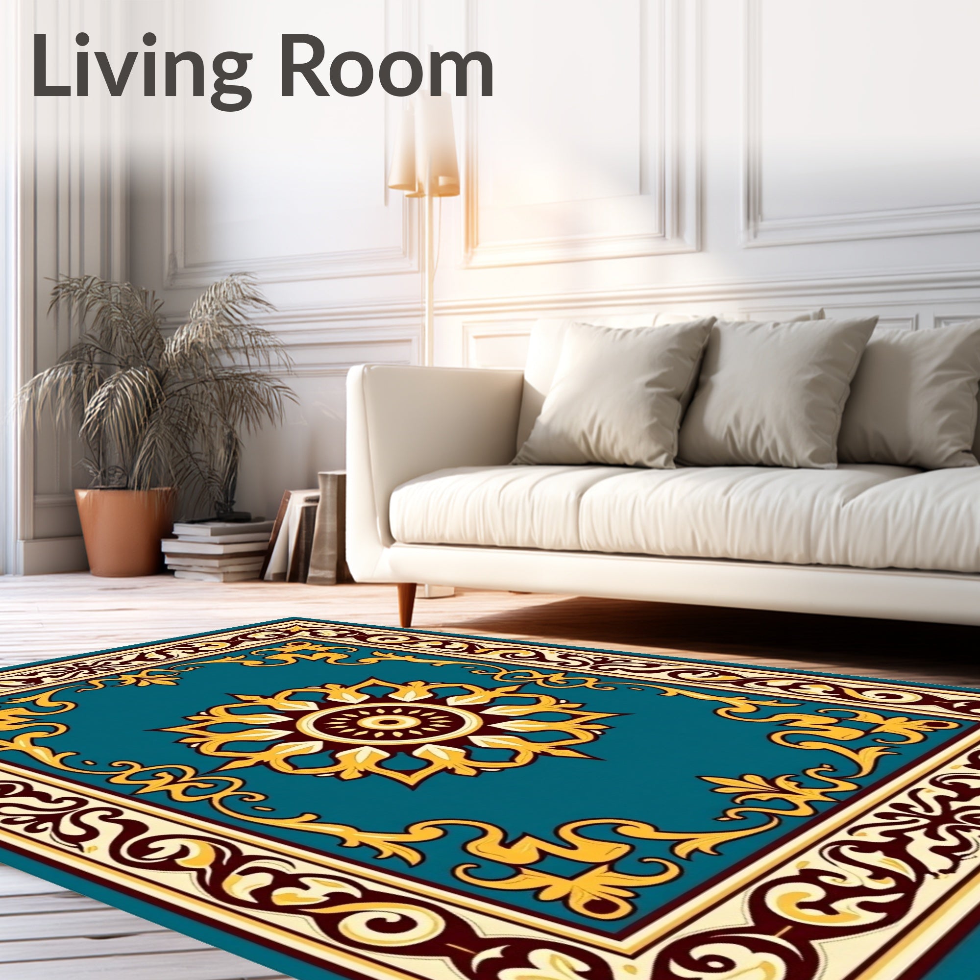 Classic Teal Medallion Scrollwork Pattern Rug