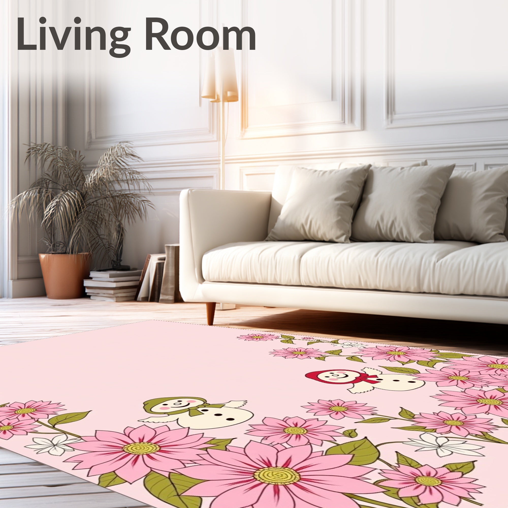 Cute Snowmen Pink Floral Border Rug