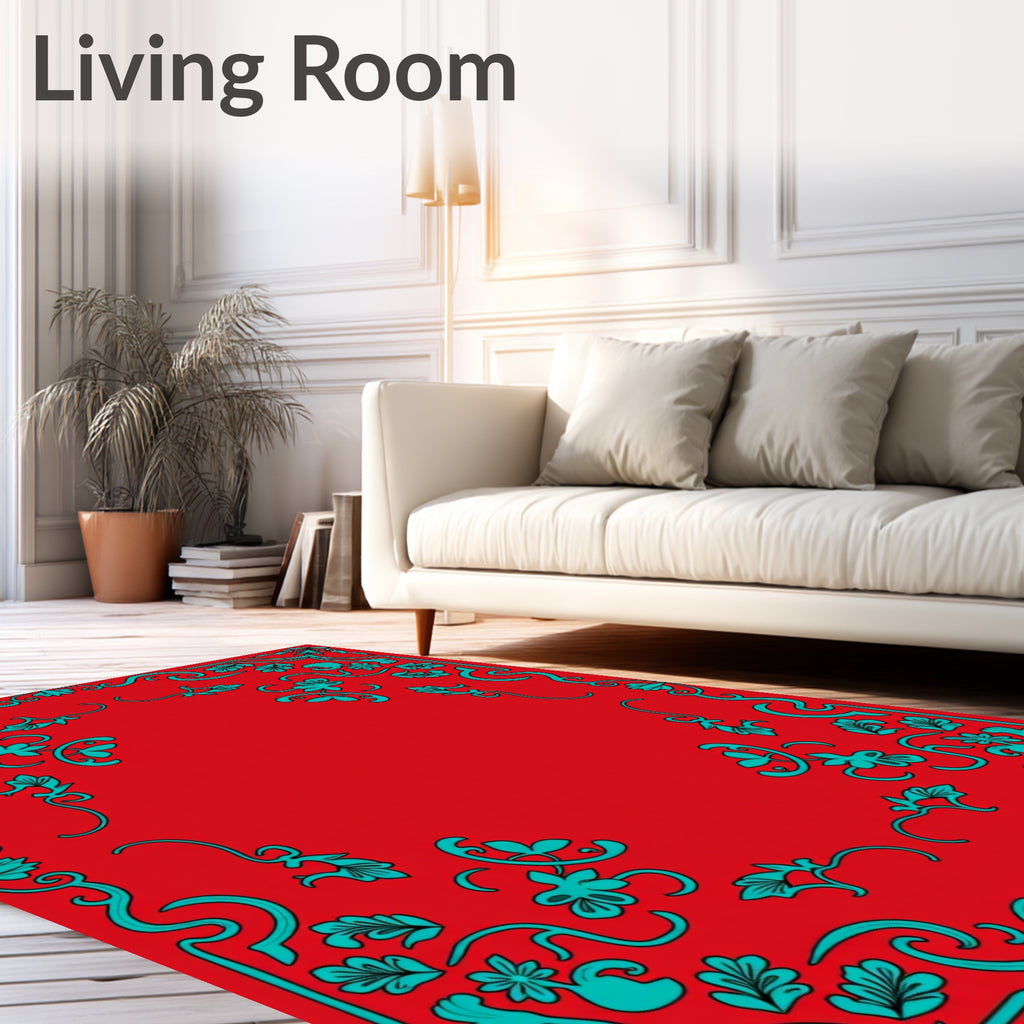 Teal Floral Swirls Red Border Design Rug